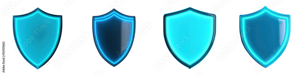 Set of transparent glossy geometric shield icons in various shades of blue symbolizing protection security and defense against threats Set of transparent glossy geometric shield icons in various shades of blue symbolizing protection security and defense against threats