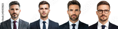 Group of Confident Successful Professional Men Posing in Formal Business Suits and Ties Standing Upright with Serious Expressions Conveying Authority and Corporate Leadership