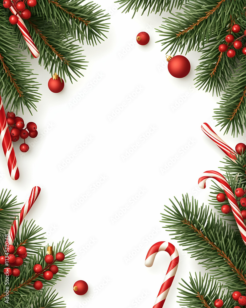 Christmas frame with fir branches, candy canes, and ornaments. Christmas frame with fir branches, candy canes, and ornaments.
