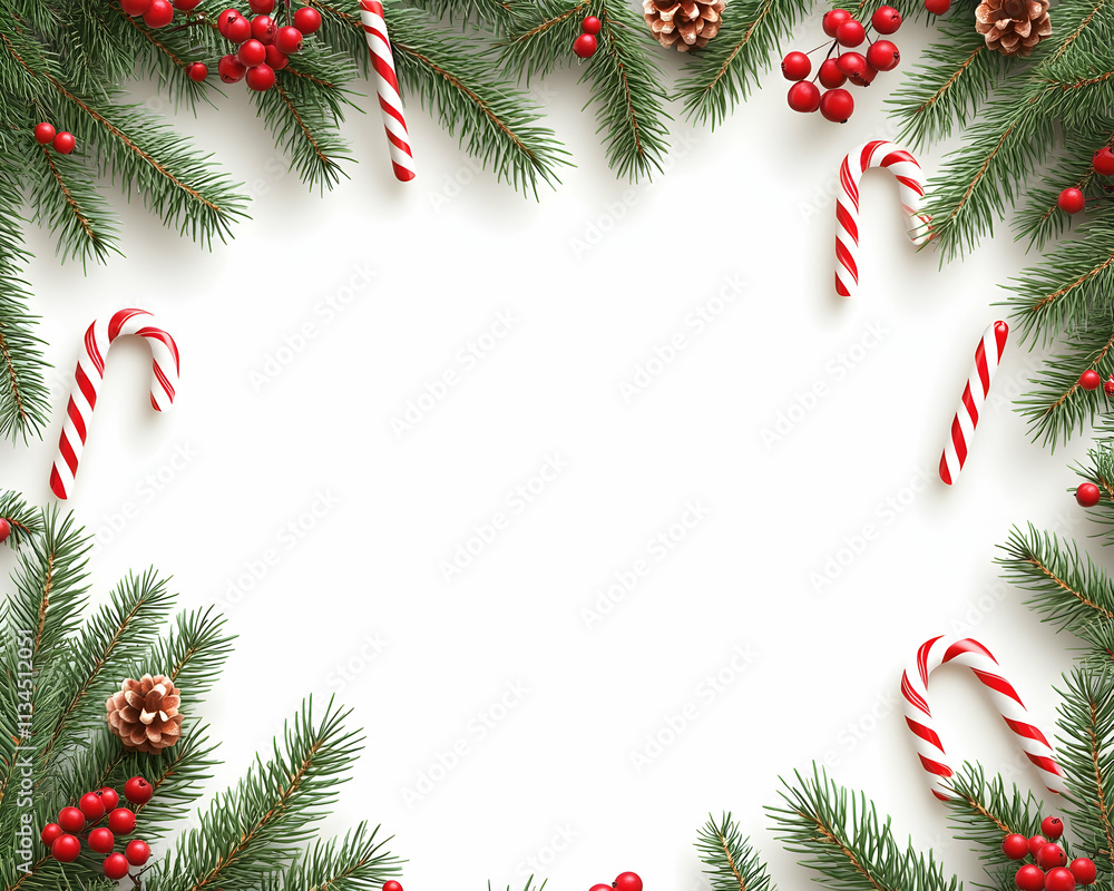 Christmas frame with fir branches, candy canes, berries, and pine cones on white background. Christmas frame with fir branches, candy canes, berries, and pine cones on white background.