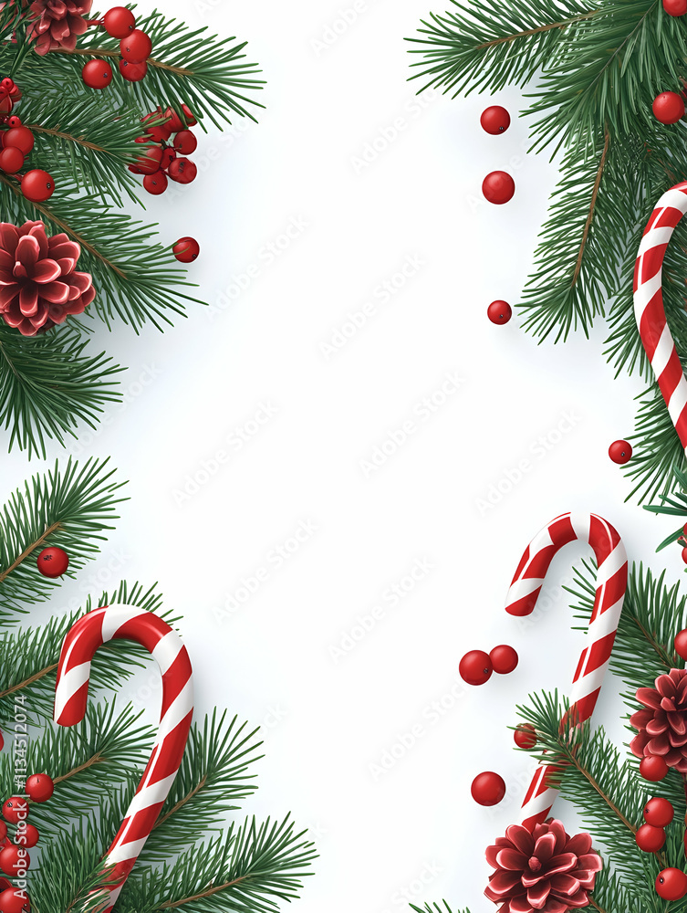 Christmas frame with fir branches, candy canes, pine cones, and berries on white background. Christmas frame with fir branches, candy canes, pine cones, and berries on white background.
