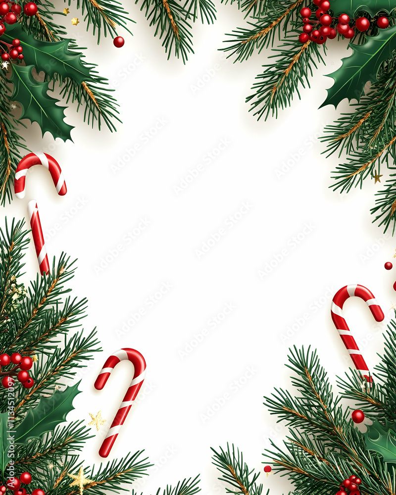 Christmas frame with fir branches, holly, berries, and candy canes on white background. Christmas frame with fir branches, holly, berries, and candy canes on white background.