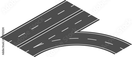 Aerial view of a curved highway road junction turning right, featuring white lane dividers on a gray asphalt surface against a white background