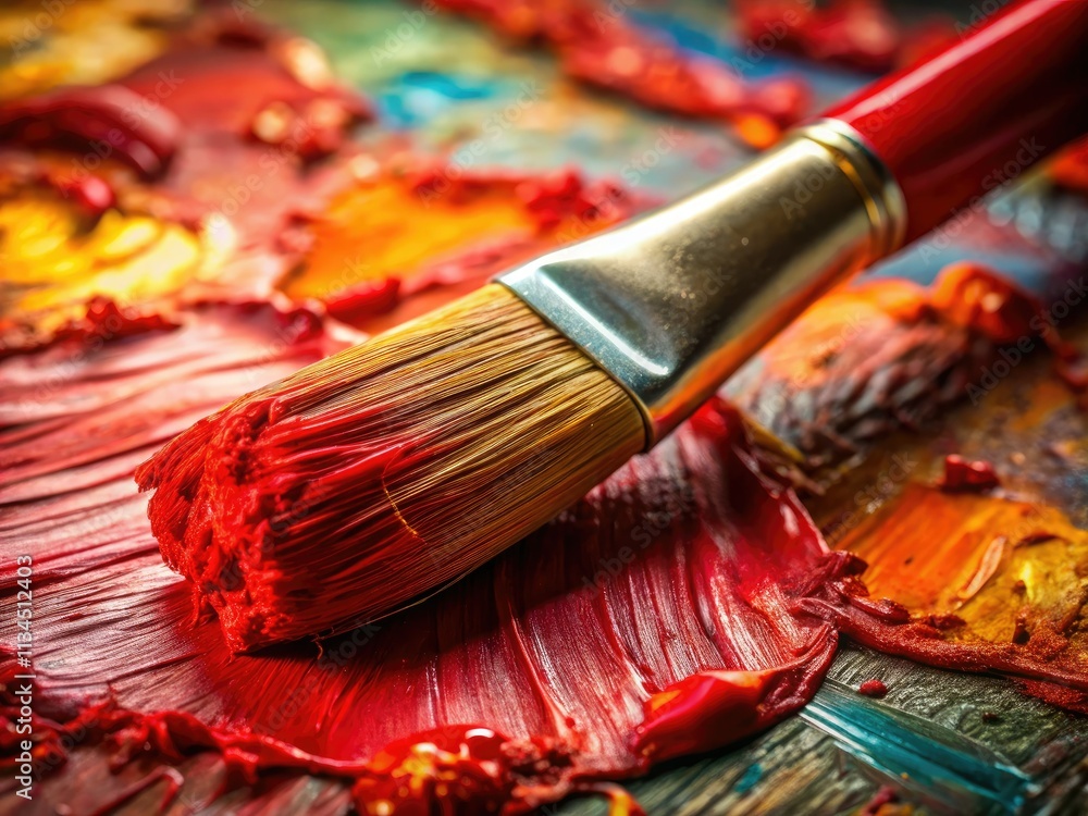 Obraz premium Macro close-up of a red paintbrush, artistically arranged, showcasing paint and depth of field in a fine art still life.