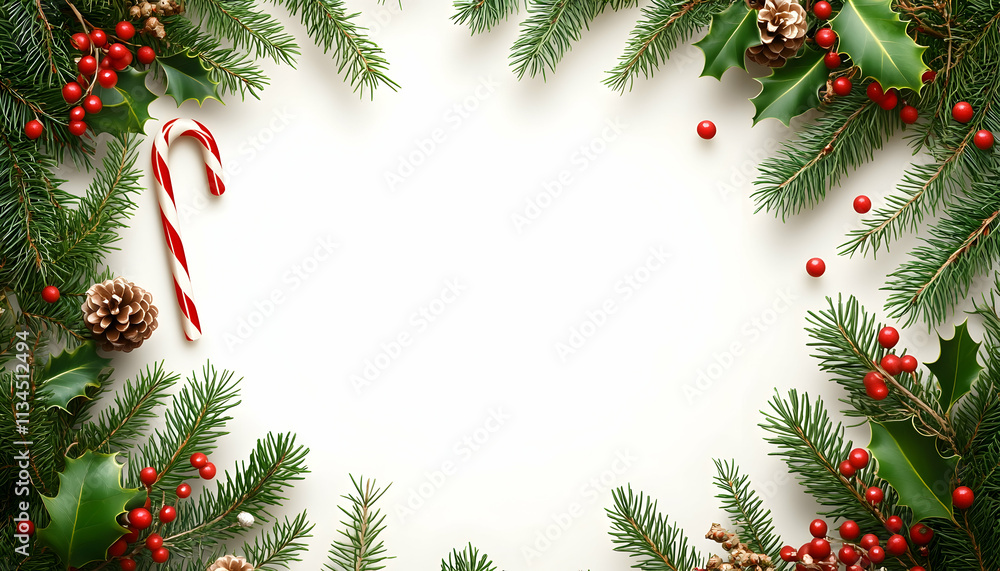 Festive Christmas border with candy cane, holly, pine, and berries on white background. Festive Christmas border with candy cane, holly, pine, and berries on white background.