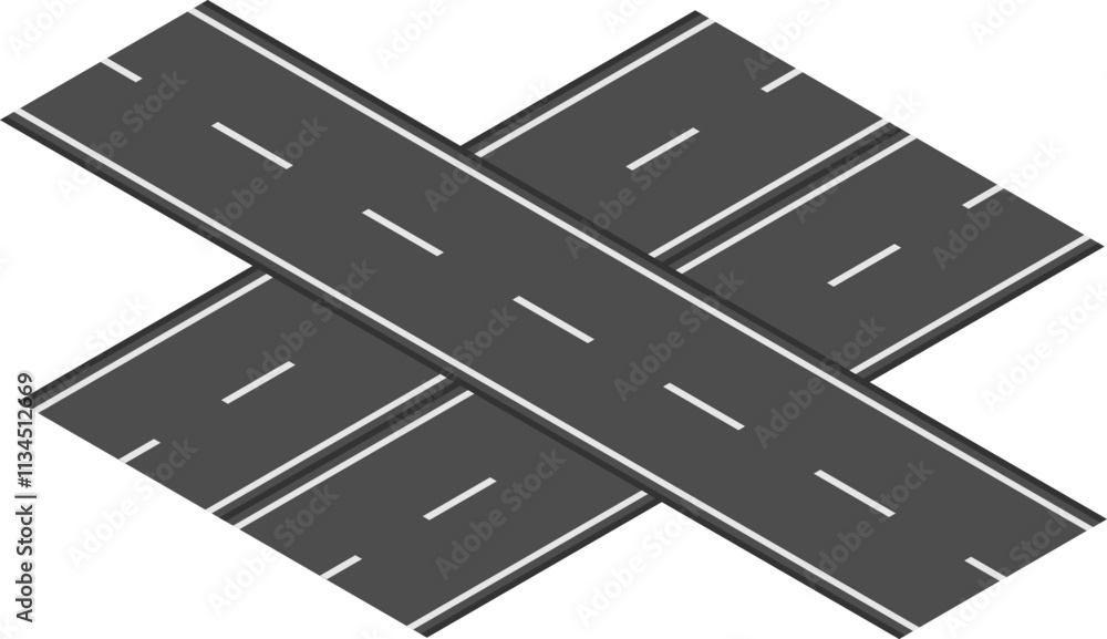 Fototapeta premium Intersecting roads forming an x shape with white lane markings on a clean white background, effectively representing intersection and transportation concepts