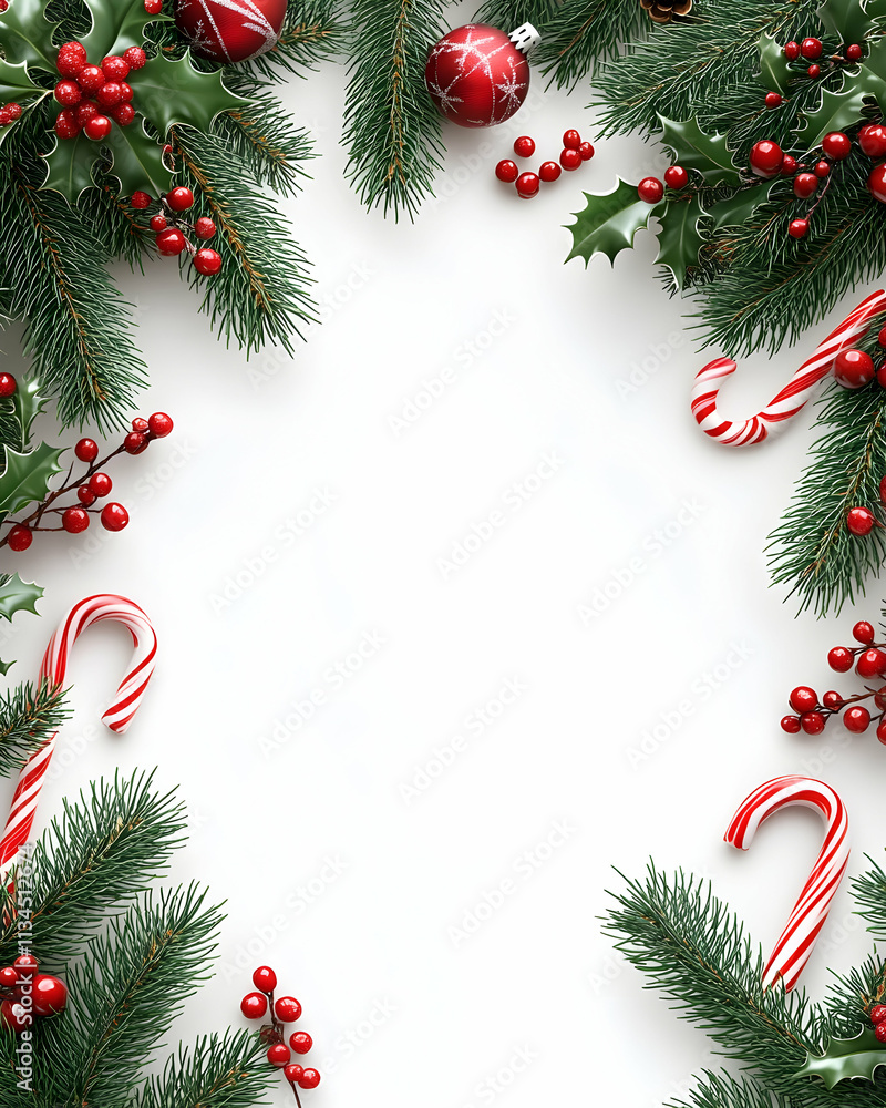 Festive Christmas border with candy canes, holly, and ornaments on white. Festive Christmas border with candy canes, holly, and ornaments on white.