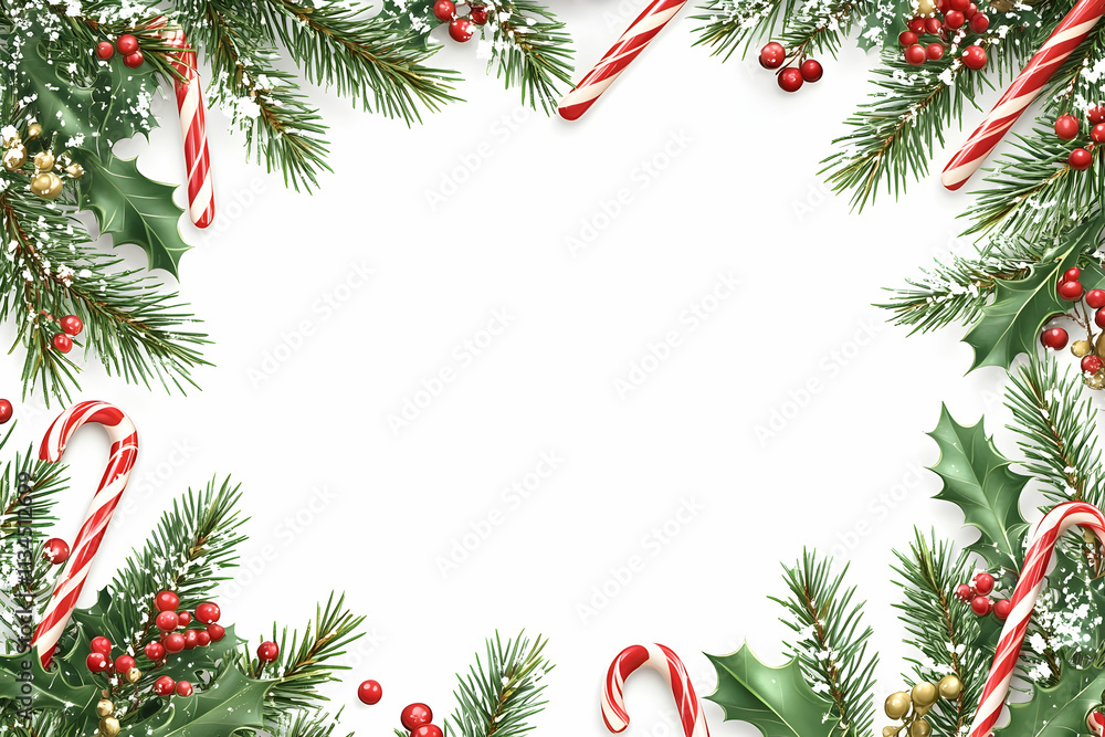 Festive Christmas border with candy canes, holly, and pine branches on white background. (4) Festive Christmas border with candy canes, holly, and pine branches on white background. (4)