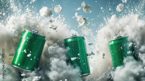 Green soda cans with their caps off, surrounded by a cloud of foam, which suggests the soda inside is being released with a strong pressure burst, causing the cans to explode and foam to be released. photo