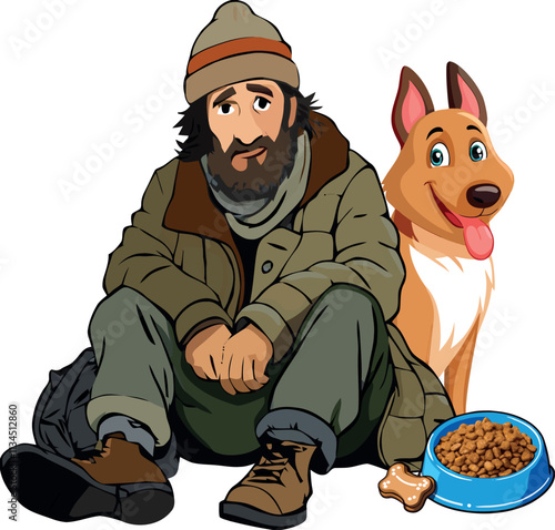 Homeless man sitting with his dog and food