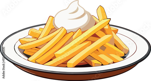 French fries with mayonnaise on plate, delicious fast food illustration