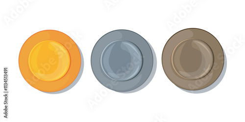 Vector illustration of three colorful blank round metal plates in flat style. Ideal for game design, UI elements, badges, icons, or product design.