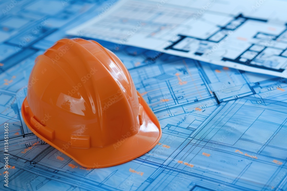 Orange Hard Hat Placed on Architectural Blueprints Spread Out on a Table Orange Hard Hat Placed on Architectural Blueprints Spread Out on a Table