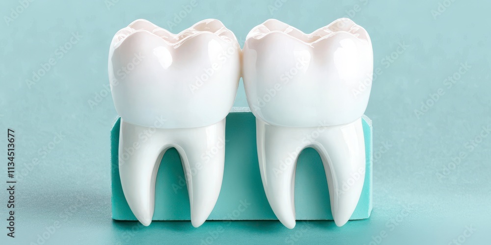 Cute and Playful Cartoonish Teeth Model Standing on a Blue Base Against a Light Blue Background, Perfect for Dental Education and Awareness Campaigns Cute and Playful Cartoonish Teeth Model Standing on a Blue Base Against a Light Blue Background, Perfect for Dental Education and Awareness Campaigns