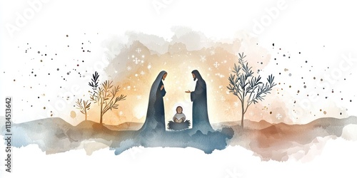 A serene watercolor illustration of a manger scene, featuring silhouetted figures of Mary and Joseph. Baby Jesus is surrounded by soft light, with falling snowflakes and olive tree shadows set 