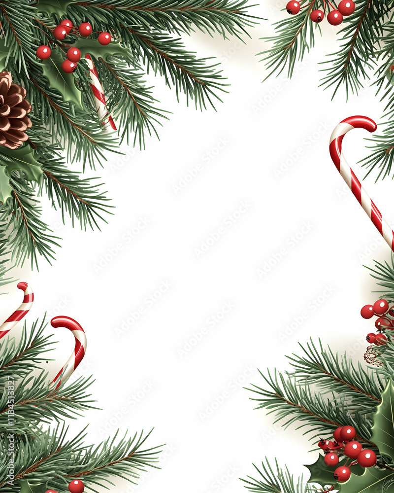 Festive Christmas border with pine, holly, candy canes. Festive Christmas border with pine, holly, candy canes.