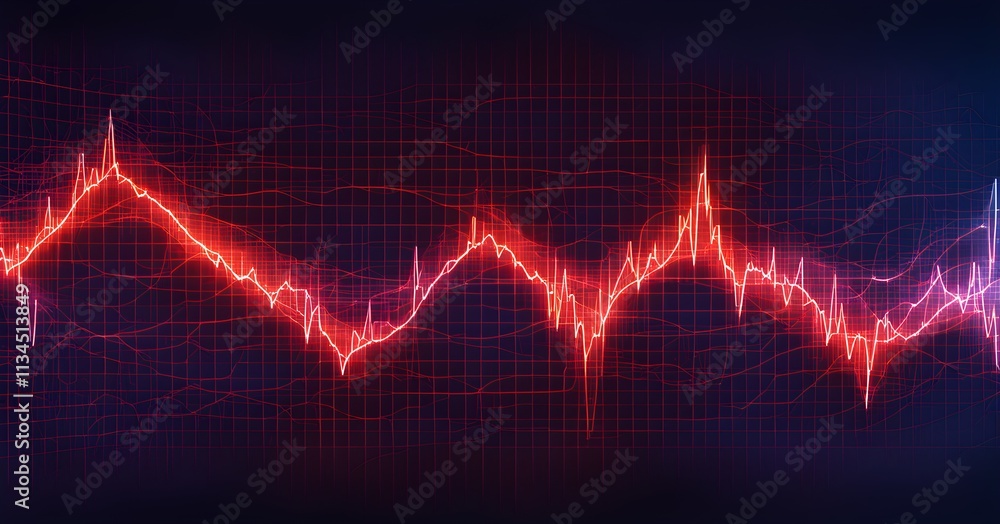glowing digital waveforms fluctuating in sync with a pulsating grid background, representing the heartbeat of artificial intelligence glowing digital waveforms fluctuating in sync with a pulsating grid background, representing the heartbeat of artificial intelligence