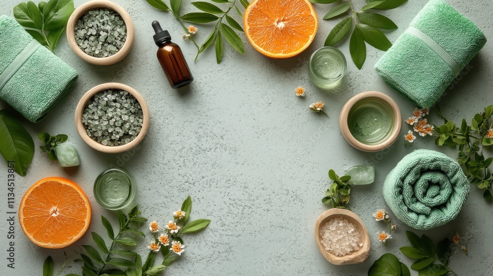 A serene spa arrangement featuring towels, essential oils, and citrus for relaxation. A serene spa arrangement featuring towels, essential oils, and citrus for relaxation.
