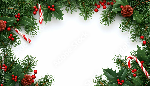 Festive Christmas border with pine, holly, candy canes, and pinecones on white background.