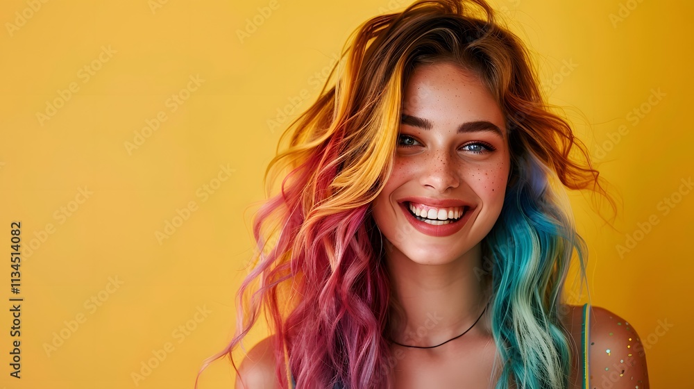 Happy young woman with colorful hair smiling against a bright yellow background Happy young woman with colorful hair smiling against a bright yellow background