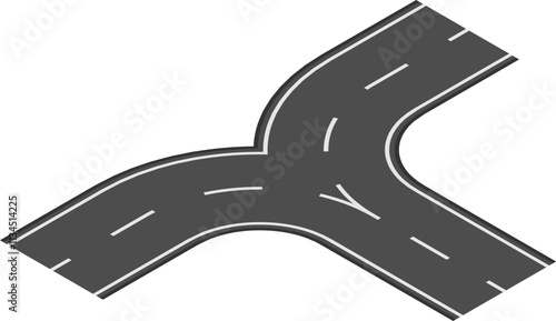 Y shaped highway intersection joining two curved roads with white dashed lines on dark gray asphalt, creating a fork in the road symbolizing choices and decisions