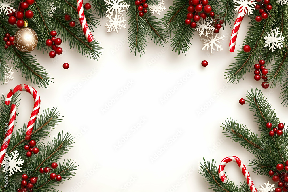 Festive Christmas frame with candy canes, berries, and snowflakes on white. Festive Christmas frame with candy canes, berries, and snowflakes on white.