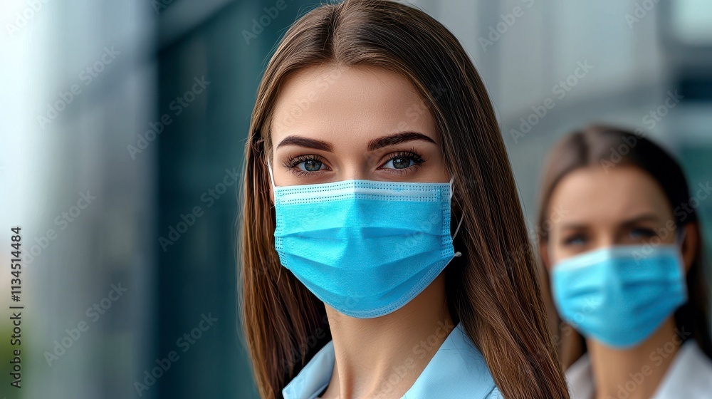 A Close-Up of Two Young Women Wearing Blue Face Masks in an Urban Setting, Highlighting Protective Measures and Contemporary Fashion Trends A Close-Up of Two Young Women Wearing Blue Face Masks in an Urban Setting, Highlighting Protective Measures and Contemporary Fashion Trends