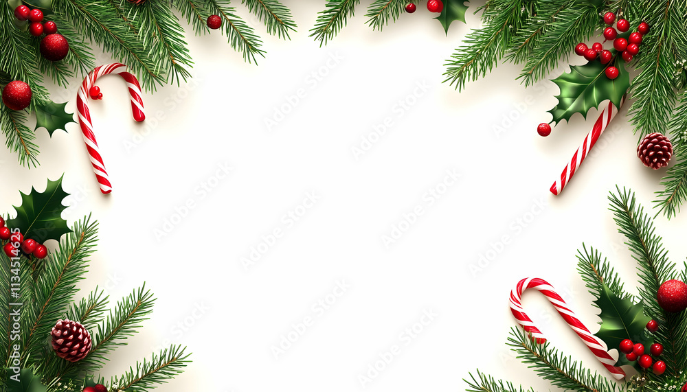 Festive Christmas frame with candy canes, holly, pine, and berries on white background. (1) Festive Christmas frame with candy canes, holly, pine, and berries on white background. (1)