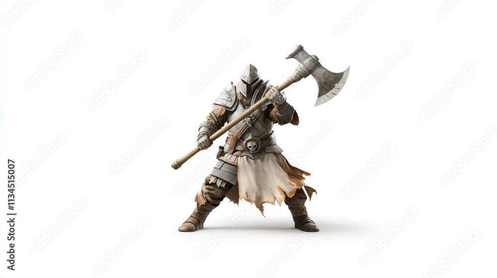 Fototapeta premium Detailed Character Illustration of a Medieval Warrior in Armor, Brandishing a Large Double-Edged Axe with a Fierce Stance Against a Plain Background
