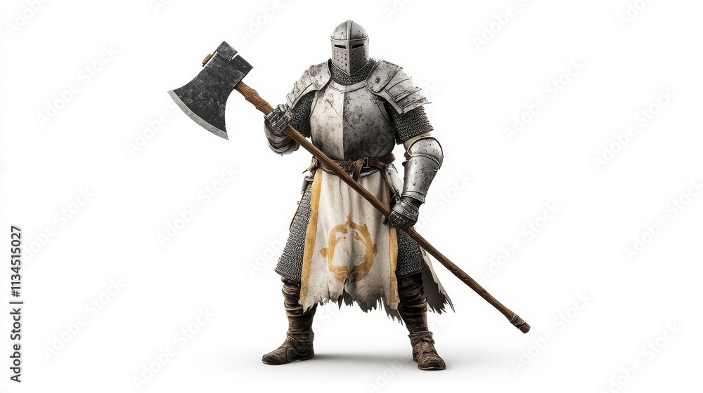 Warrior in Armor Holding a Battle Axe Stands Ready for Combat, Showcasing Medieval Equipment and Bold Stature in a Minimalist Background Warrior in Armor Holding a Battle Axe Stands Ready for Combat, Showcasing Medieval Equipment and Bold Stature in a Minimalist Background