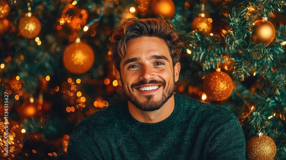 Smiling young caucasian man amidst festive christmas tree decorations. Happy New Year. Merry Christmas Smiling young caucasian man amidst festive christmas tree decorations. Happy New Year. Merry Christmas