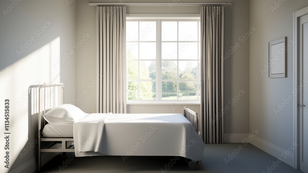 Bright and Airy Hospital Room Featuring a Minimalist Bed Setup, Large Window with Natural Light, and Simple Decor in a Peaceful Setting Bright and Airy Hospital Room Featuring a Minimalist Bed Setup, Large Window with Natural Light, and Simple Decor in a Peaceful Setting