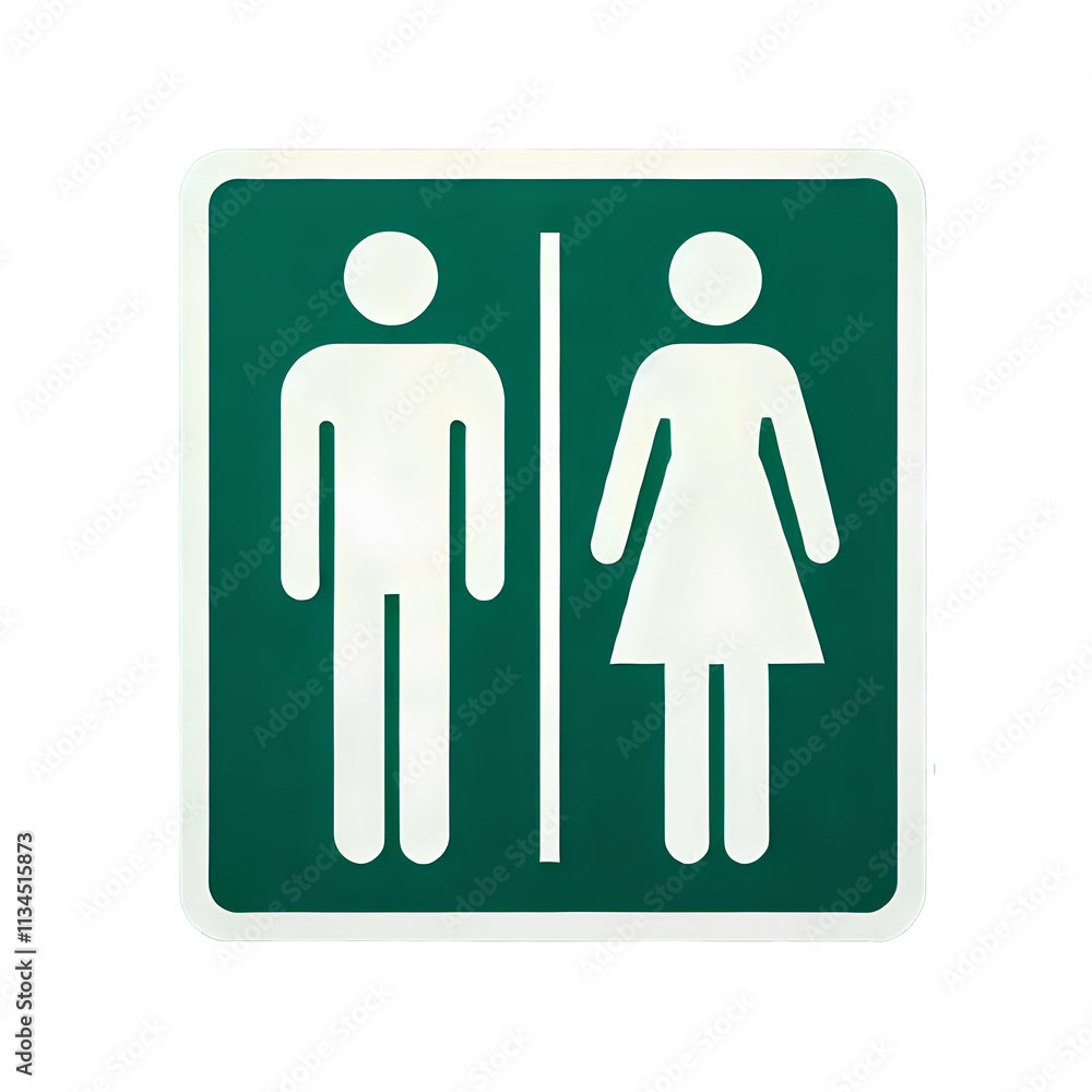 Green restroom sign with white male and female icons separated by a vertical line. Green restroom sign with white male and female icons separated by a vertical line.