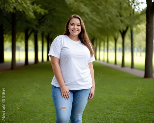 Plus size young woman wearing white oversized t-shirt and jeans standing in the park