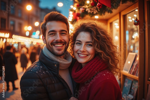 Couple in front of decorated structure evening