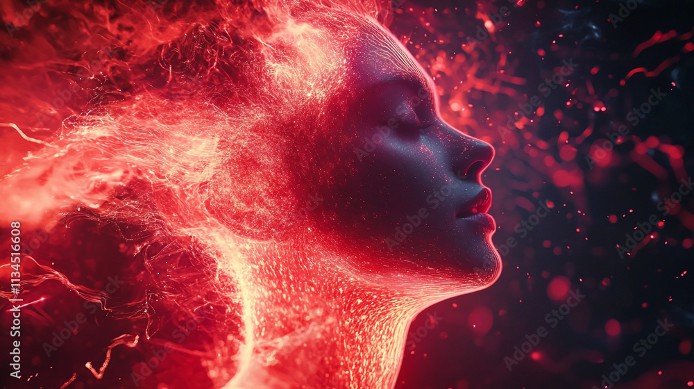 Experience the captivating blend of light and color as a woman's profile emerges from fiery energy in an ethereal setting Experience the captivating blend of light and color as a woman's profile emerges from fiery energy in an ethereal setting