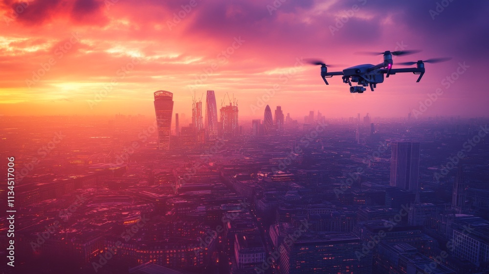 A beautiful sunset skyline with a flying drone over a vibrant city. The colors blend into a breathtaking view. Experience the magic of urban exploration. Generative AI A beautiful sunset skyline with a flying drone over a vibrant city. The colors blend into a breathtaking view. Experience the magic of urban exploration. Generative AI