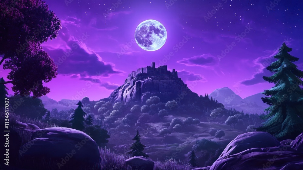 Naklejka premium Majestic castle on a hilltop under a large purple moon at night.