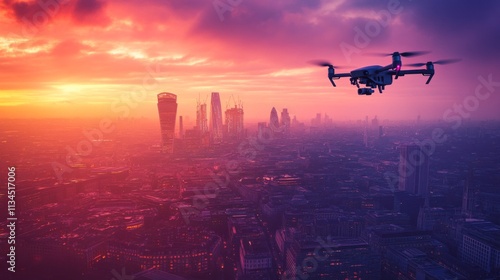 A beautiful sunset skyline with a flying drone over a vibrant city. The colors blend into a breathtaking view. Experience the magic of urban exploration. Generative AI