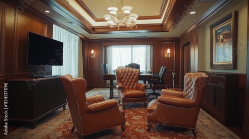 Wallpaper Mural Luxurious office interior with leather armchairs, wood paneling, and a large desk. Torontodigital.ca