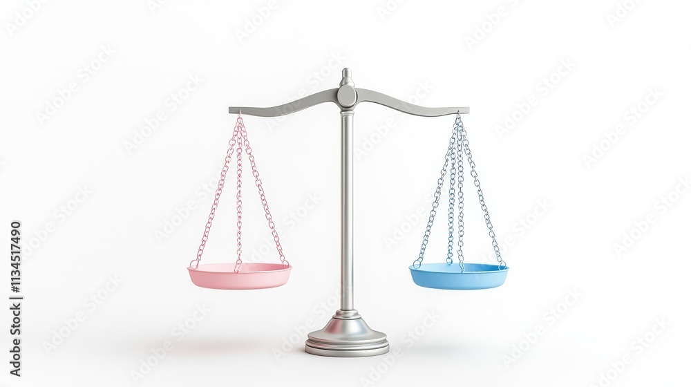 Three-dimensional representation of a balanced scale featuring blue and pink bowls on each side, illustrating the concept of equality and fairness in various contexts. Three-dimensional representation of a balanced scale featuring blue and pink bowls on each side, illustrating the concept of equality and fairness in various contexts.