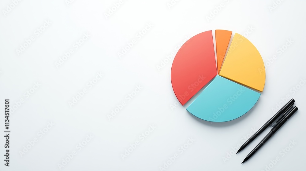 Fototapeta premium Colorful pie chart on a white background with two black pens, ideal for data analysis and presentation, showcasing business concepts and statistics effectively.