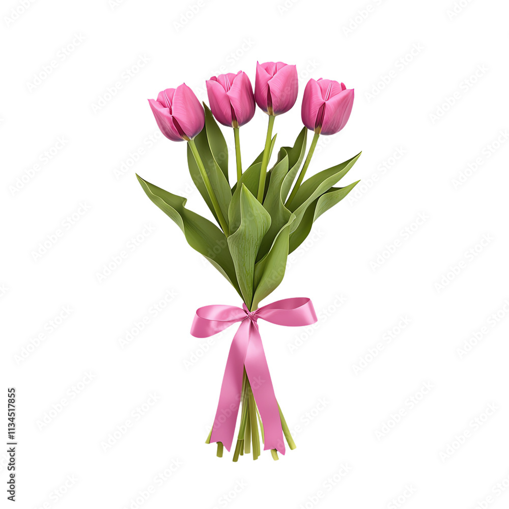 Fototapeta premium Beautiful bouquet of pink tulips with ribbon. transparent background