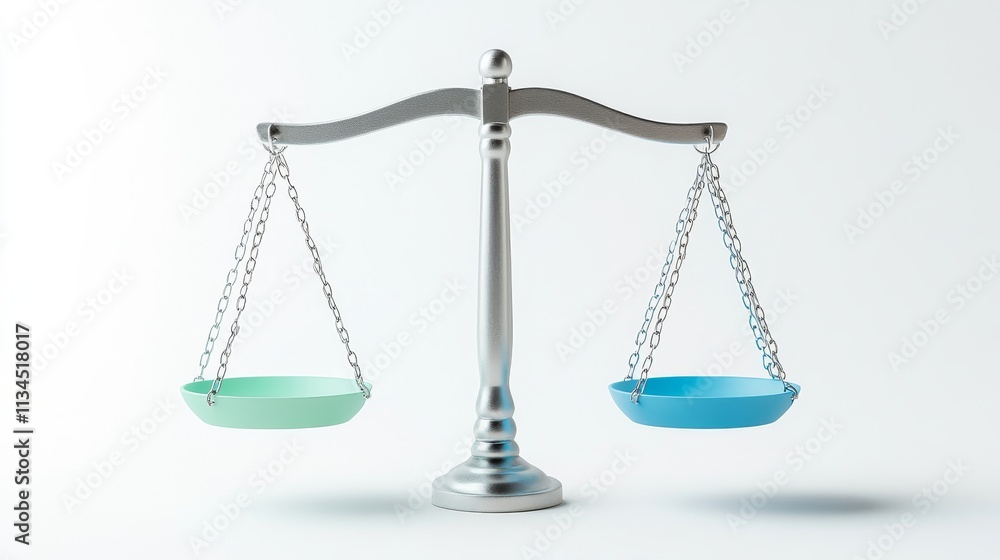 Conceptual representation of justice and balance depicted by a metallic scale with green and blue balanced bowls on a minimalistic background Conceptual representation of justice and balance depicted by a metallic scale with green and blue balanced bowls on a minimalistic background