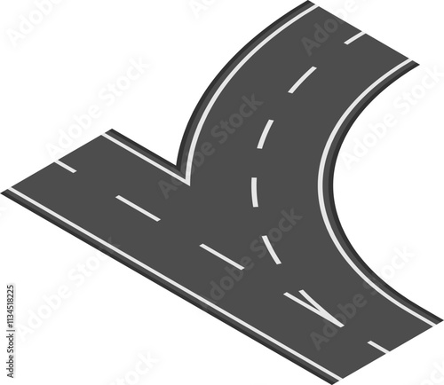 Isometric projection depicting a right turning road intersecting another road, featuring dashed and solid white lines on a dark gray surface, illustrating transportation concepts