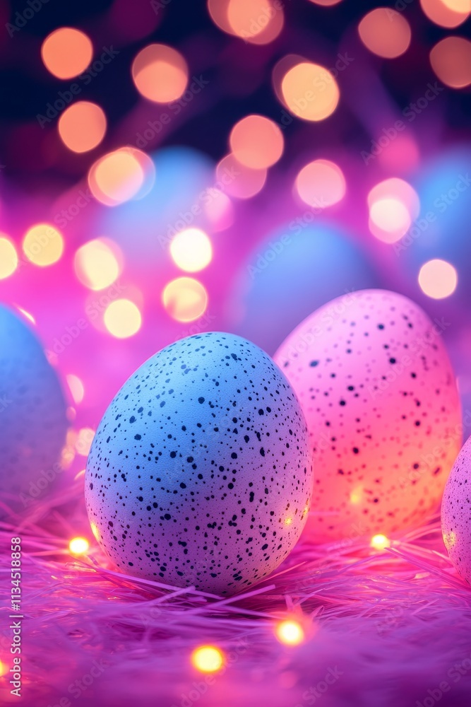 Pastel Easter Magic Speckled Eggs Nestled on Fluffy Feathers, Illuminated by Twinkling Bokeh Lights Pastel Easter Magic Speckled Eggs Nestled on Fluffy Feathers, Illuminated by Twinkling Bokeh Lights