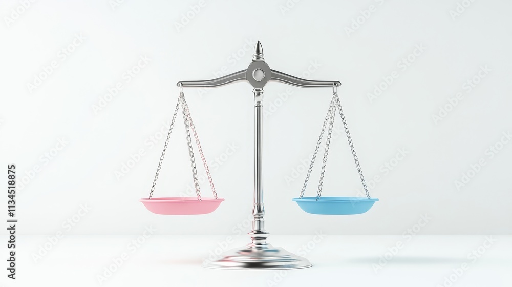 Silver Balance Scale with Pink and Blue Bowls Representing Equality and Justice in Modern Design Aesthetics Displayed on Minimalist Background Silver Balance Scale with Pink and Blue Bowls Representing Equality and Justice in Modern Design Aesthetics Displayed on Minimalist Background