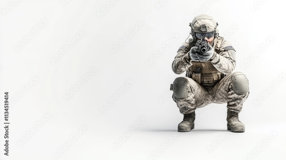 Tactical Soldier in Camouflage Uniform Taking Aim with a Firearm in a Neutral Background, Ready for Action in a High-Stakes Situation Tactical Soldier in Camouflage Uniform Taking Aim with a Firearm in a Neutral Background, Ready for Action in a High-Stakes Situation