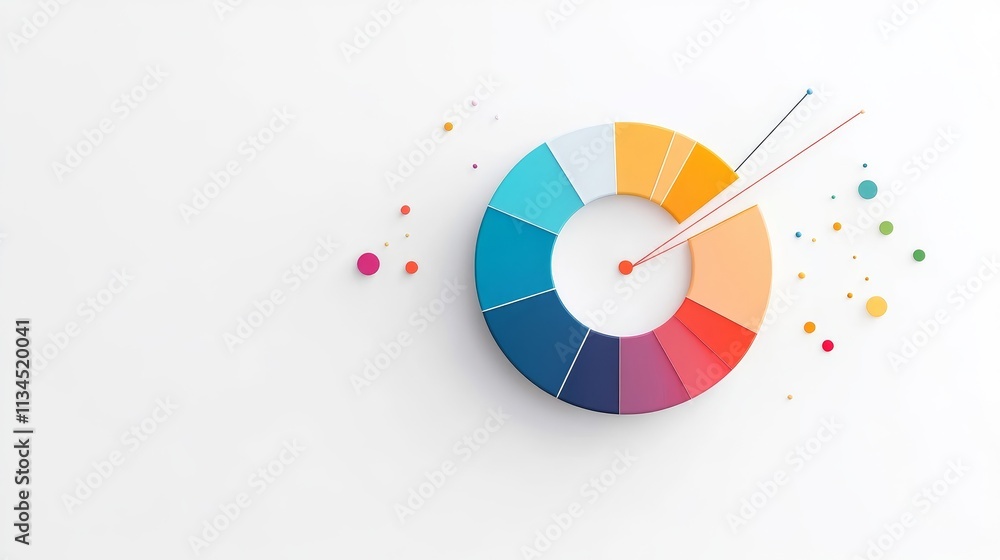 Fototapeta premium Colorful Data Visualization with Circular Chart Elements and Colorful Dots on a Clean White Background for Business Reports and Presentations