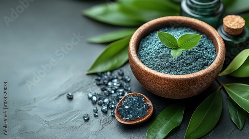 A bowl of blue salt surrounded by green leaves and small jars, suggesting relaxation and wellness.